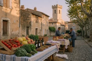 Vue matinale d'une rue pavée de Vaison-la-Romaine avec des étals de marché provençal en cours d'installation, baignée par la