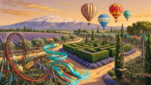 Illustration panoramique représentant les différents parcs de loisirs autour d'Avignon, avec le Mont Ventoux en arrière-plan,