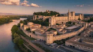 Vue aérienne du centre historique intra-muros d'Avignon au coucher de soleil, montrant les remparts médiévaux, le Palais des