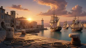 Vue éditoriale d'un port méditerranéen au coucher du soleil avec des navires à voiles amarrés le long d'un quai en pierre, év