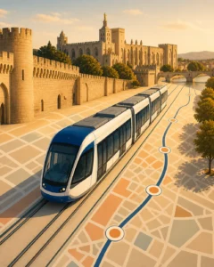 Modern editorial illustration of a sleek tram traveling through Avignon, with stylized city map patterns, soft Provençal arch