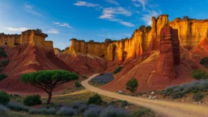 Falaises et collines d'ocre rouge sous un ciel bleu, avec une végétation sombre au premier plan